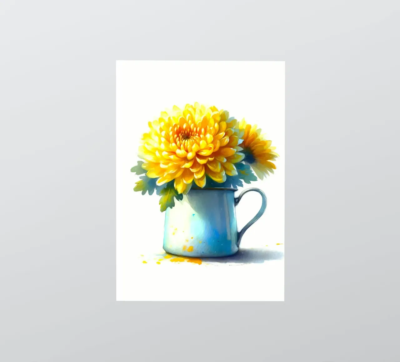 Un seul chrysanthème jaune dans un pichet en émail bleu autocollant de Bloom And Brush