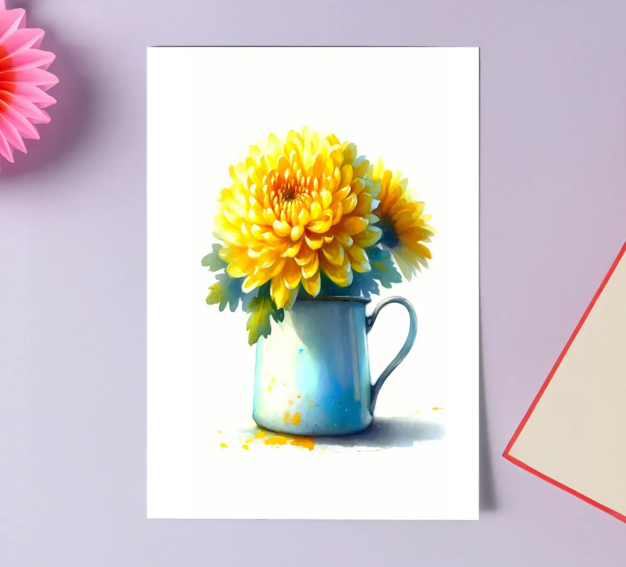 Un seul chrysanthème jaune dans un pichet en émail bleu planche autocollant de Bloom And Brush
