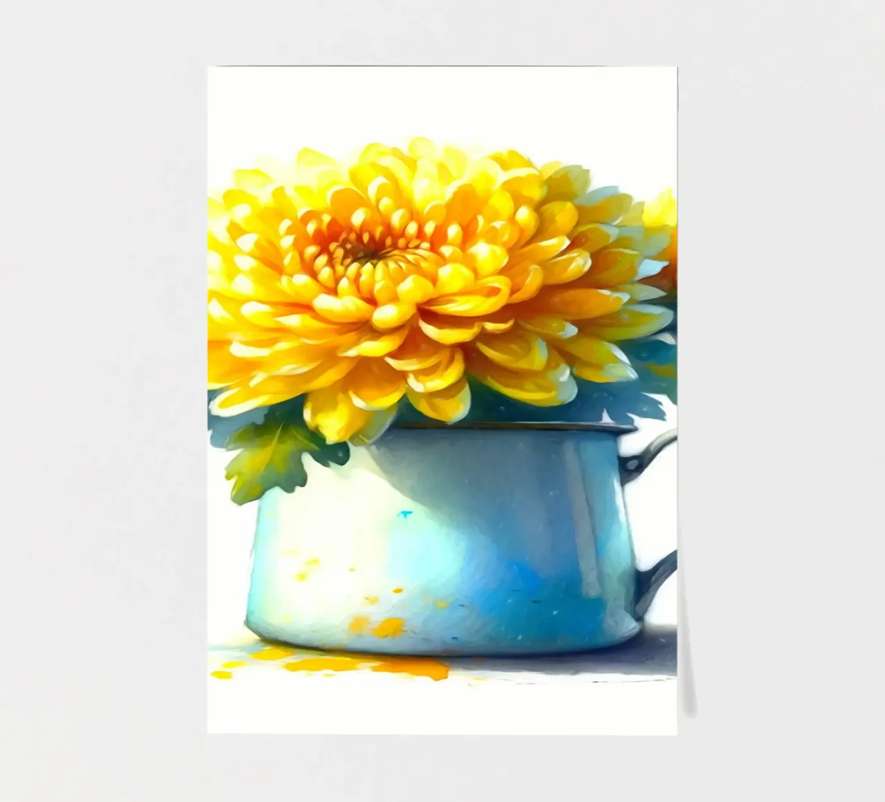 Un seul chrysanthème jaune dans un pichet en émail bleu planche autocollant de Bloom And Brush