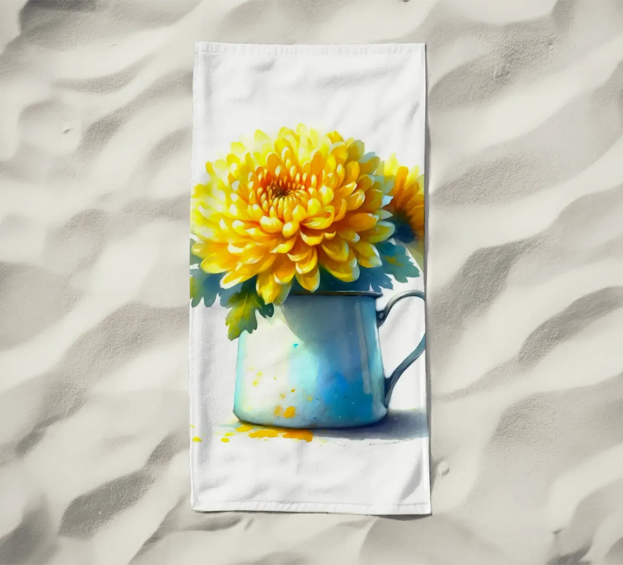Un singolo crisantemo giallo in una brocca in smalto blu telo mare da Bloom And Brush