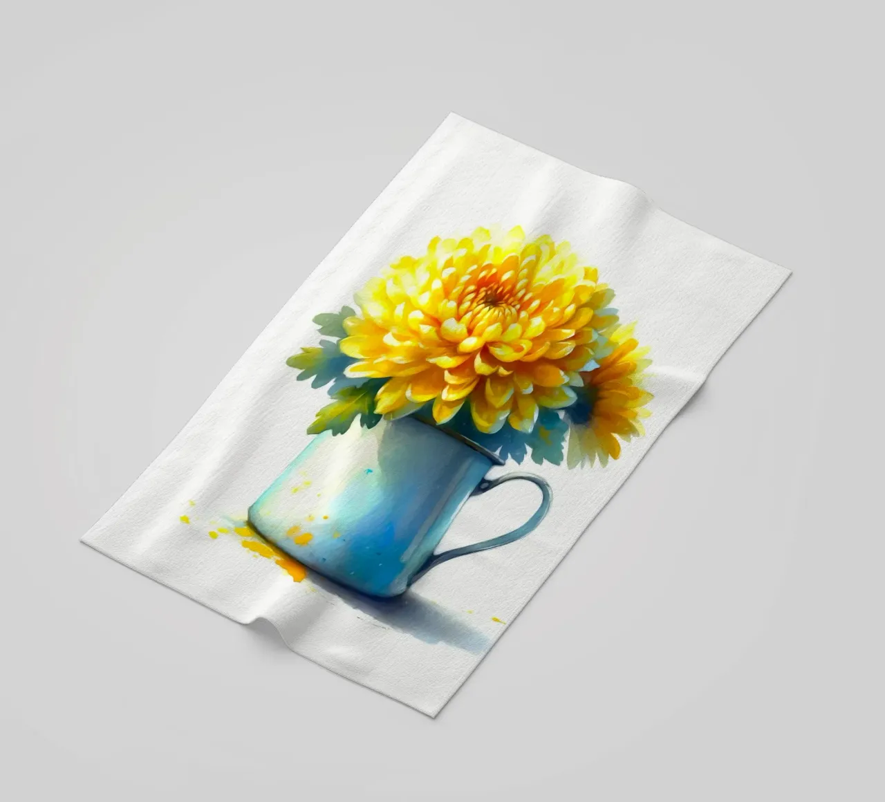 Un singolo crisantemo giallo in una brocca in smalto blu telo mare da Bloom And Brush