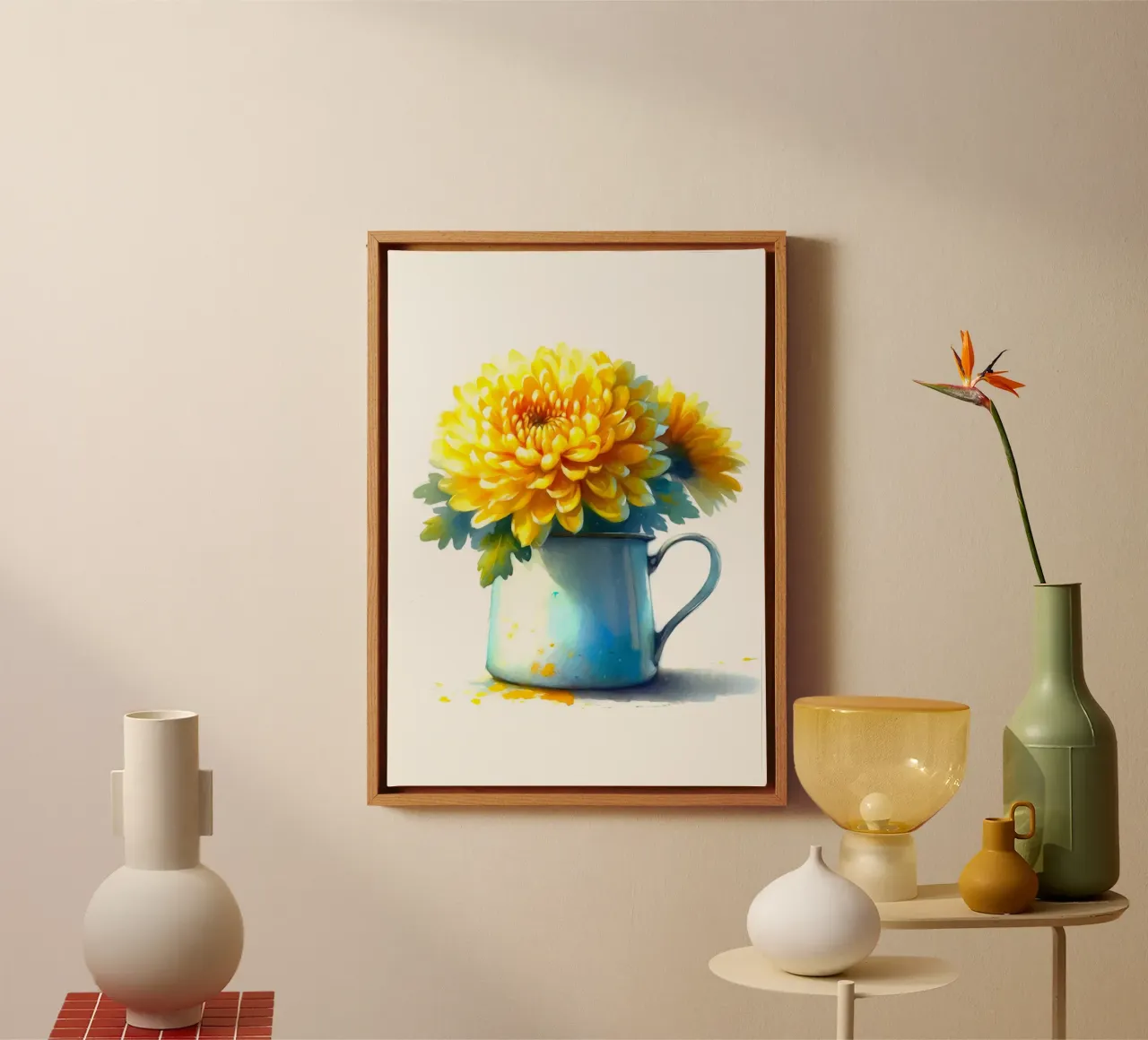 Un singolo crisantemo giallo in una brocca in smalto blu tela da Bloom And Brush