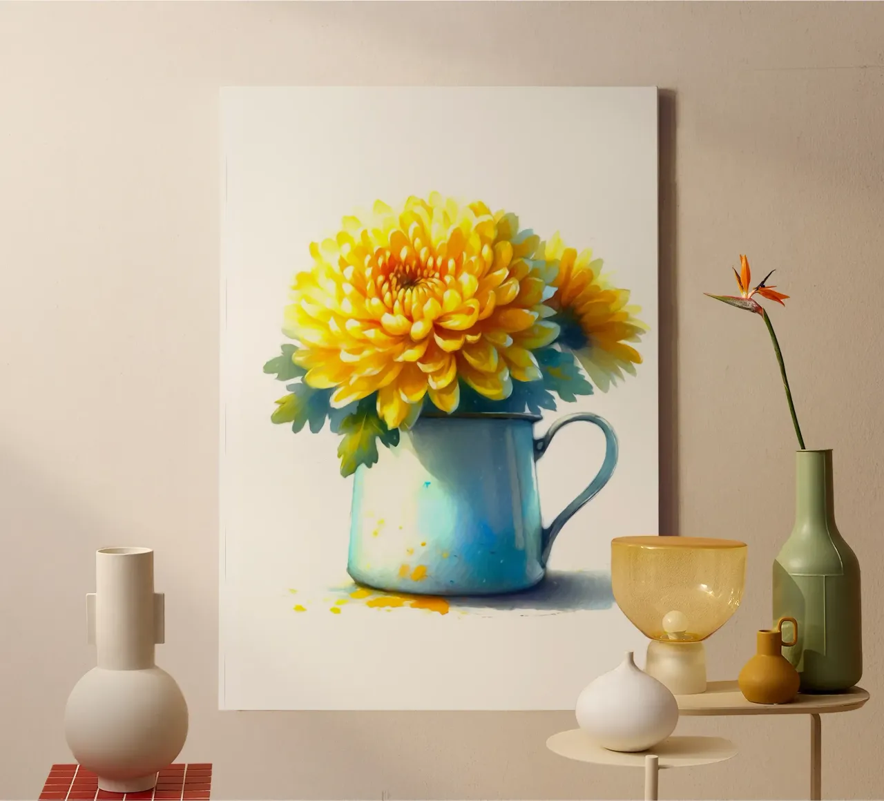 Un singolo crisantemo giallo in una brocca in smalto blu tela da Bloom And Brush