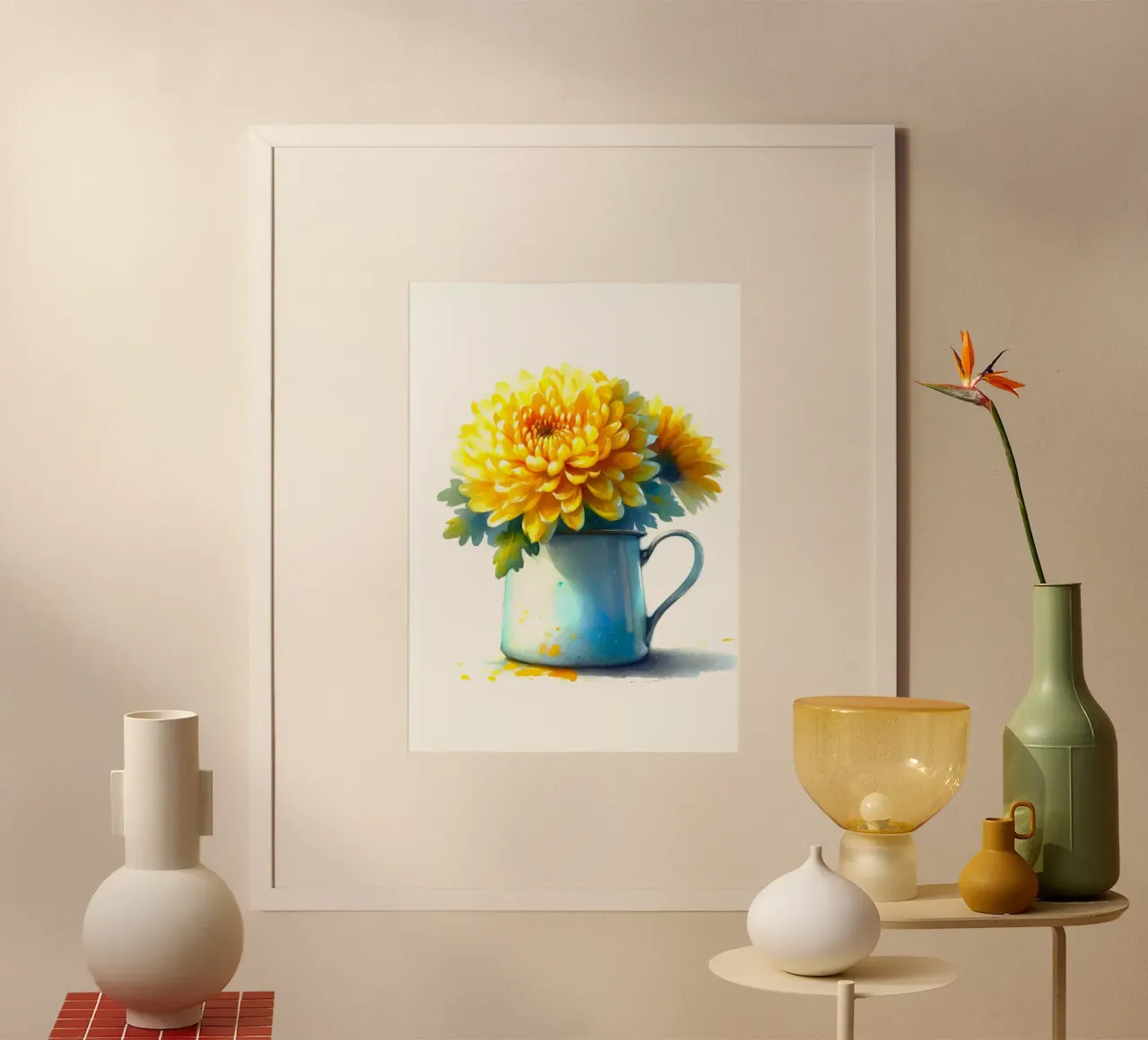 Un singolo crisantemo giallo in una brocca in smalto blu poster da Bloom And Brush