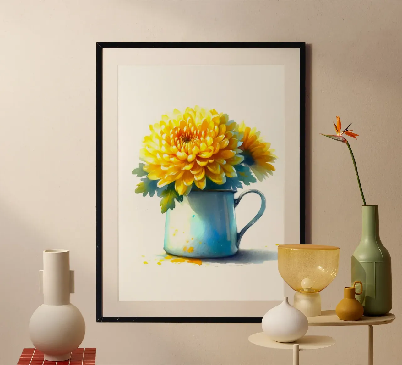 Un singolo crisantemo giallo in una brocca in smalto blu poster da Bloom And Brush