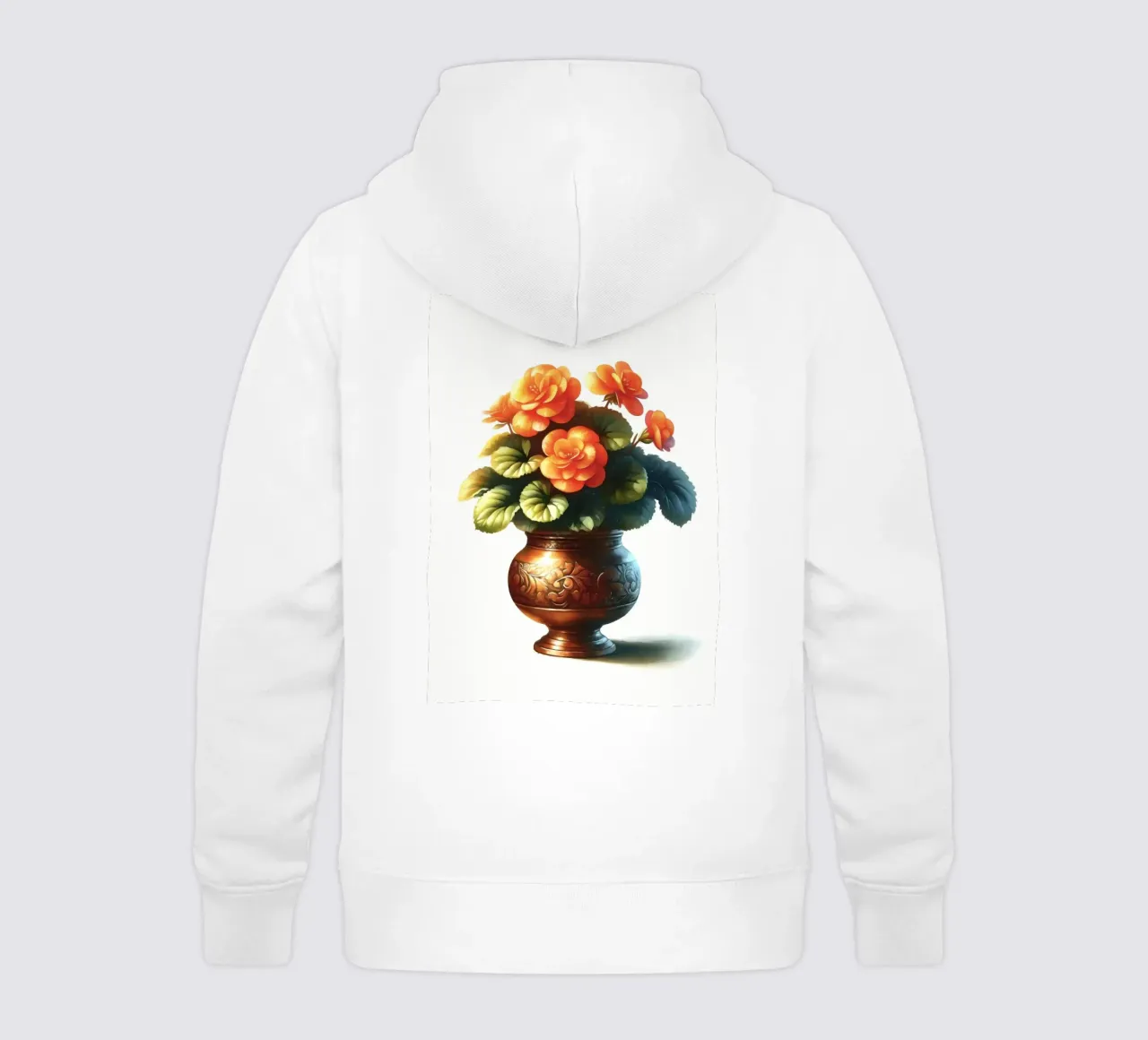 Una singola begonia arancione in un vaso di metallo color rame felpa bambino con cappuccio da Bloom And Brush