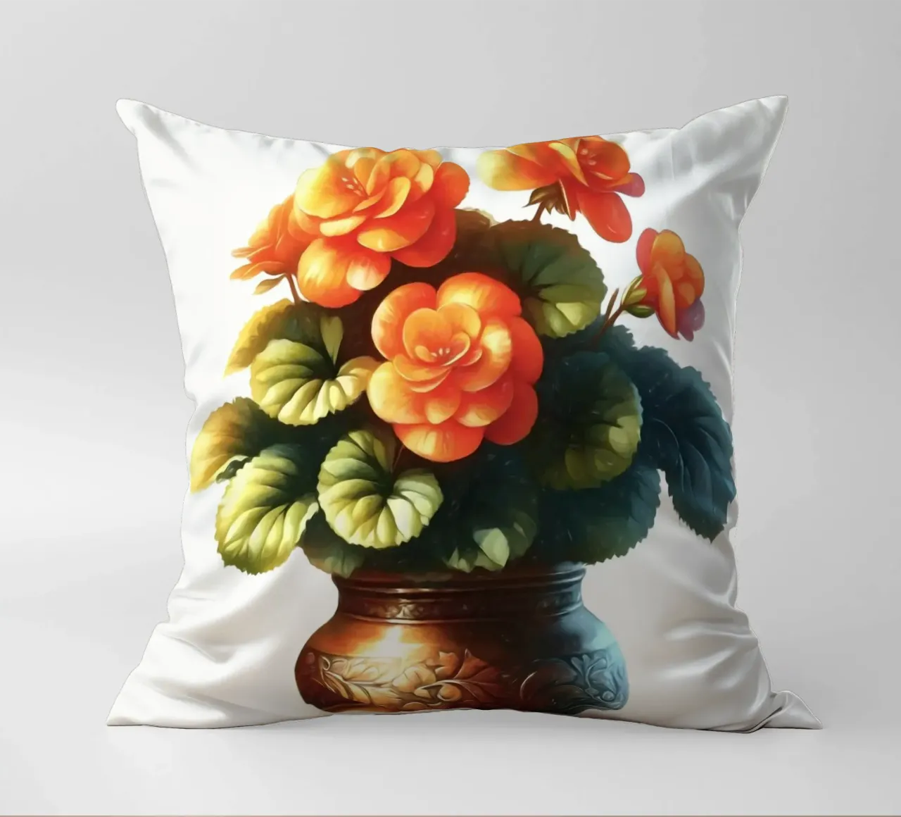 Una singola begonia arancione in un vaso di metallo color rame cuscino da Bloom And Brush