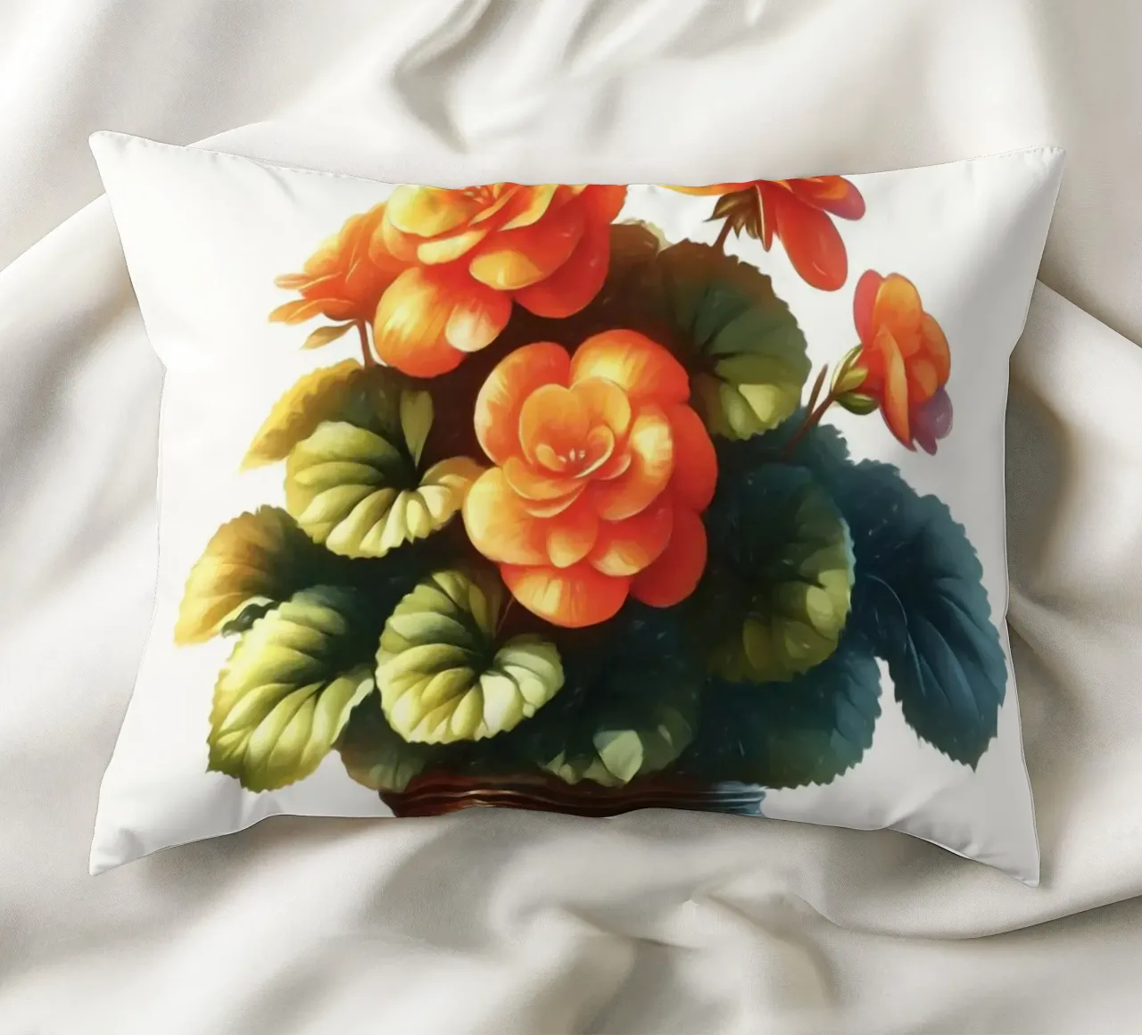 Una singola begonia arancione in un vaso di metallo color rame cuscino da Bloom And Brush