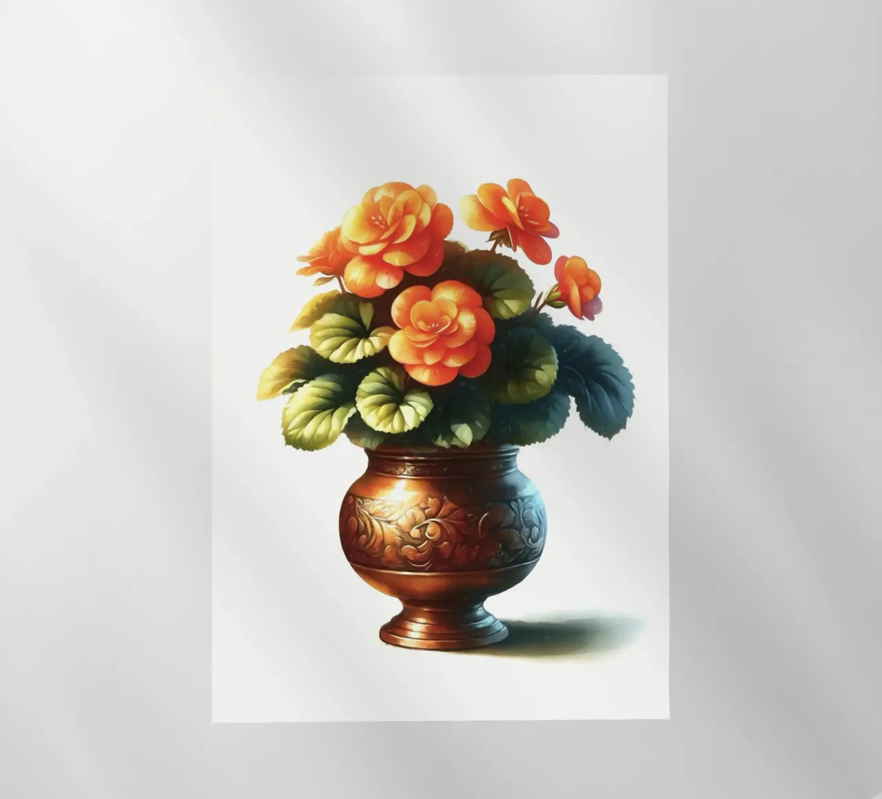 Una singola begonia arancione in un vaso di metallo color rame pellicola backlit da Bloom And Brush
