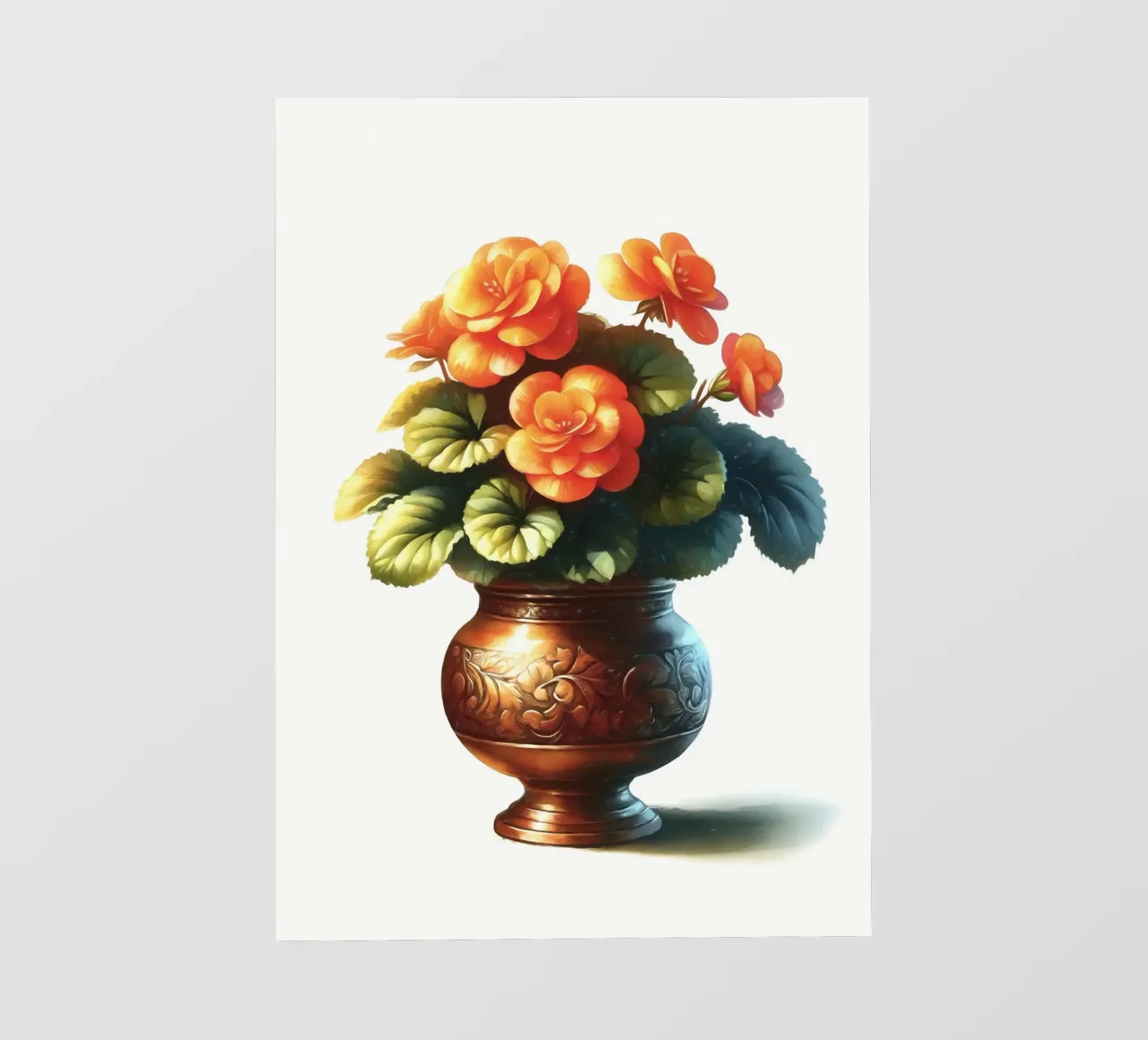 Una singola begonia arancione in un vaso di metallo color rame pellicola backlit da Bloom And Brush