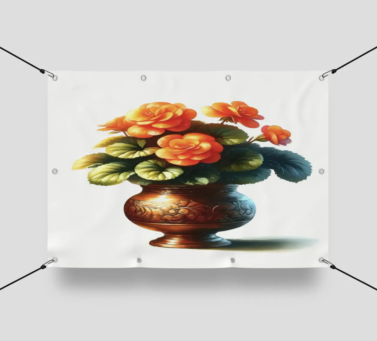 Una singola begonia arancione in un vaso di metallo color rame telo in pvc da Bloom And Brush