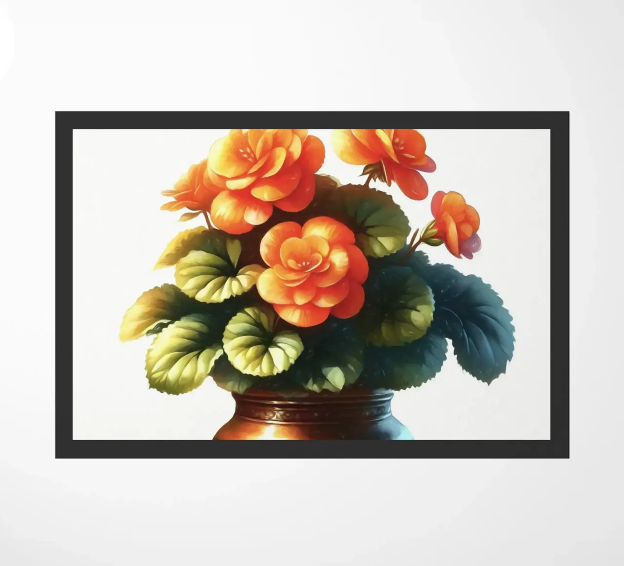 Una singola begonia arancione in un vaso di metallo color rame zerbino da Bloom And Brush
