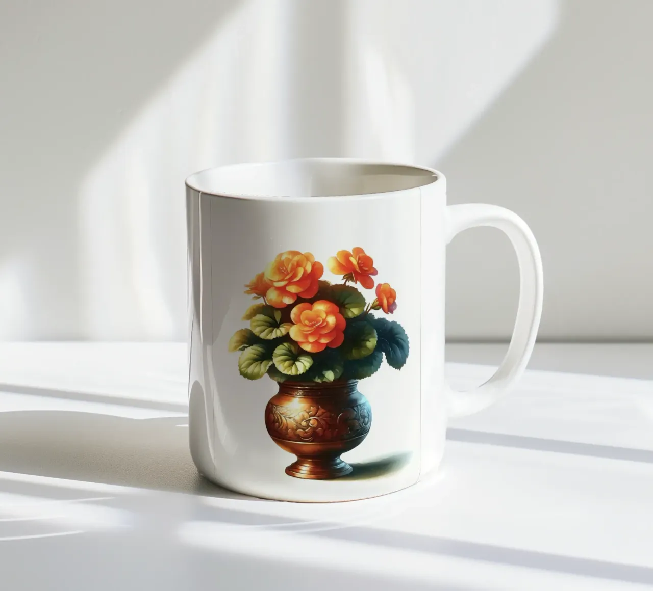Una singola begonia arancione in un vaso di metallo color rame tazza in ceramica da Bloom And Brush