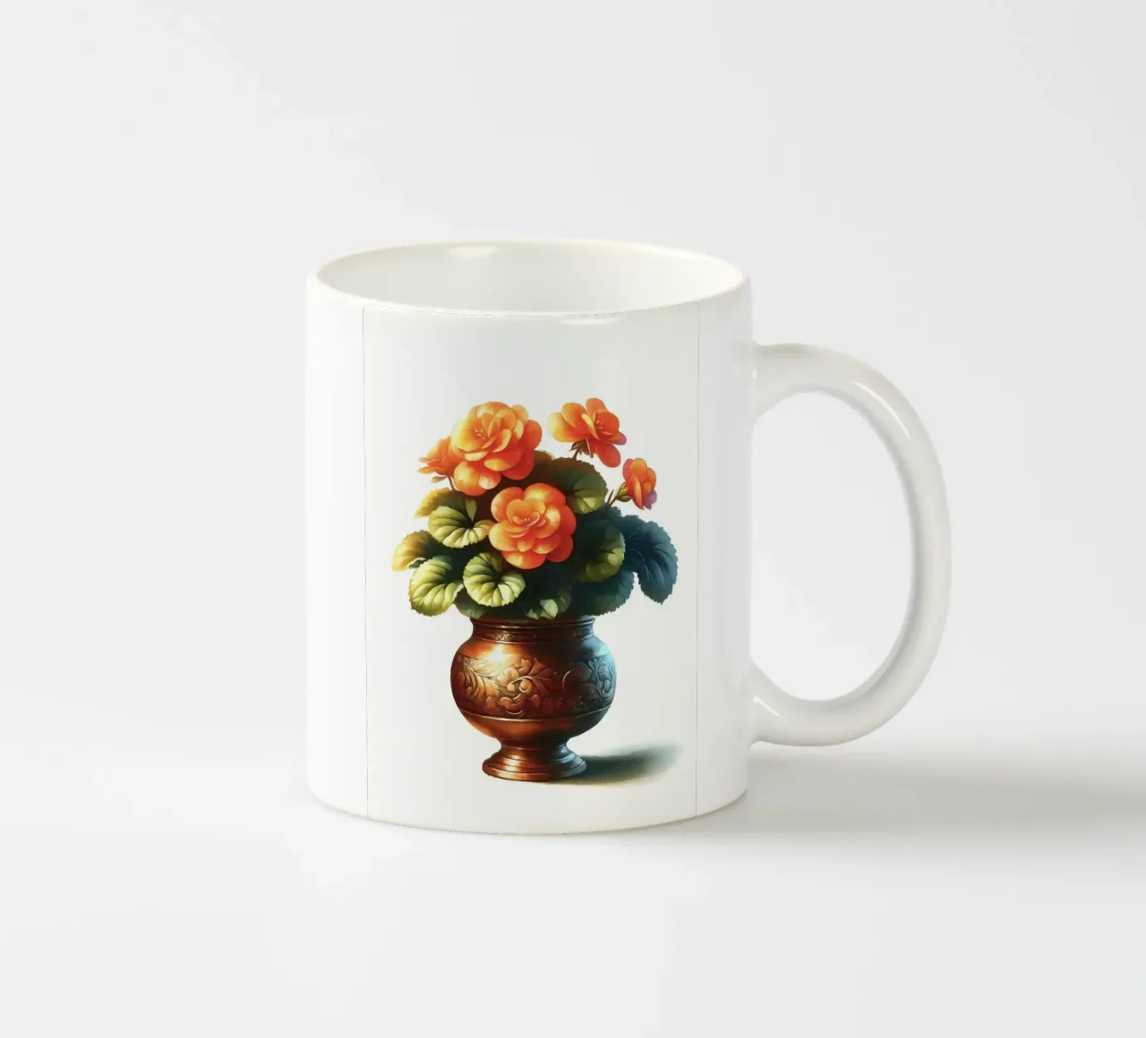Una singola begonia arancione in un vaso di metallo color rame tazza in ceramica da Bloom And Brush
