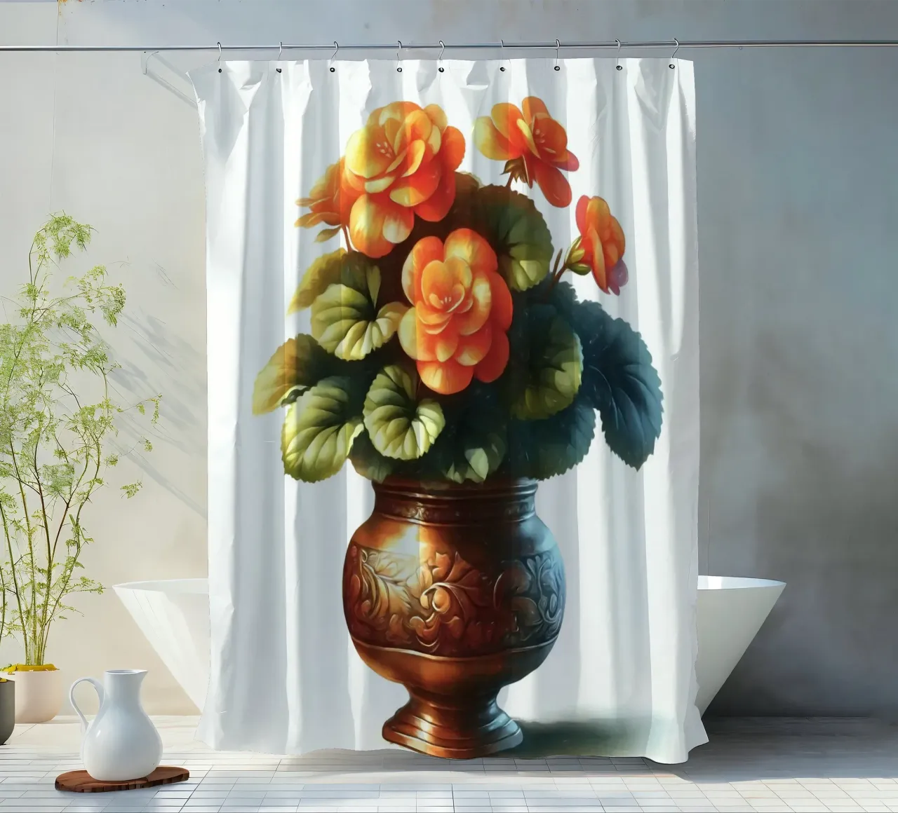 Una singola begonia arancione in un vaso di metallo color rame tenda da doccia da Bloom And Brush