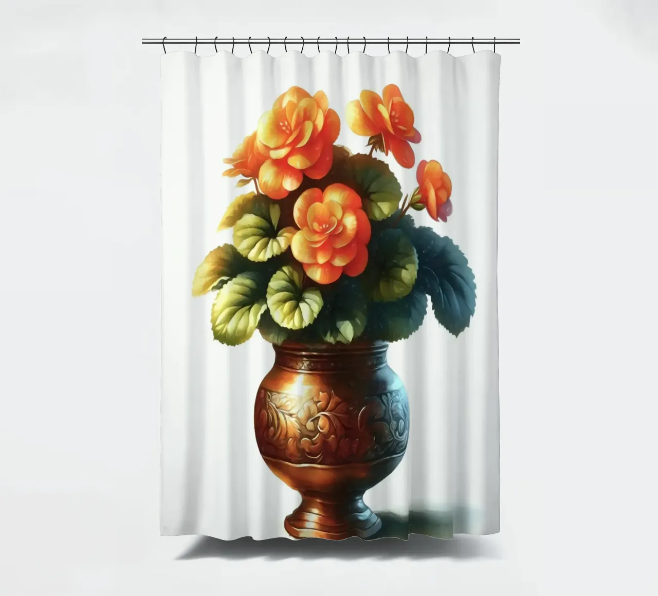 Una singola begonia arancione in un vaso di metallo color rame tenda da doccia da Bloom And Brush