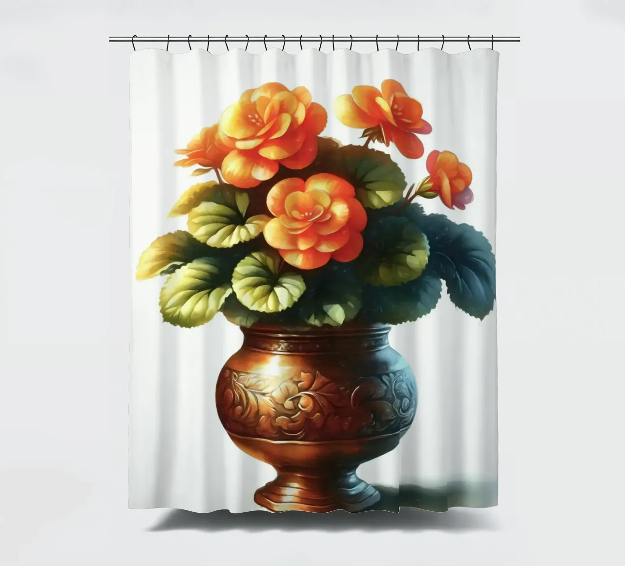 Una singola begonia arancione in un vaso di metallo color rame tenda da doccia da Bloom And Brush