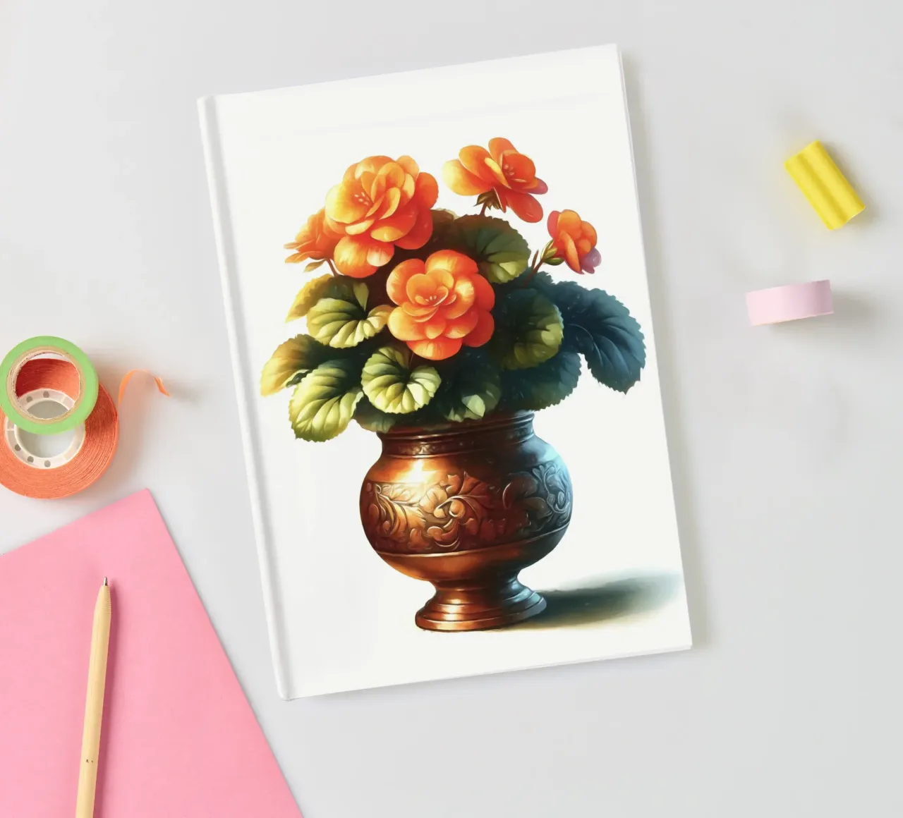 Una singola begonia arancione in un vaso di metallo color rame diario da Bloom And Brush