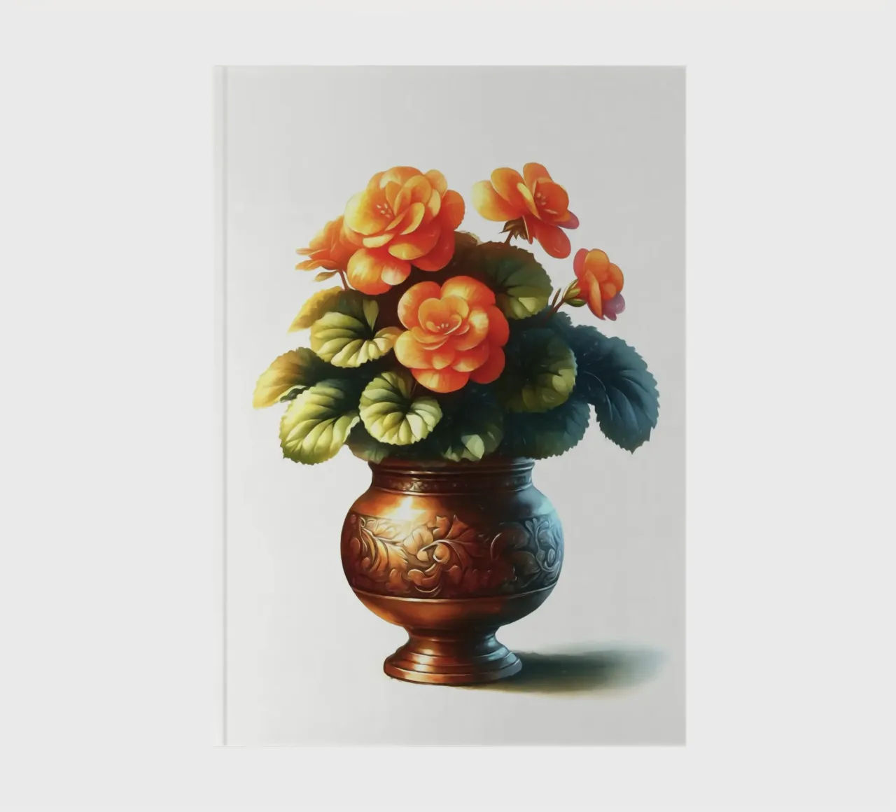 Una singola begonia arancione in un vaso di metallo color rame diario da Bloom And Brush