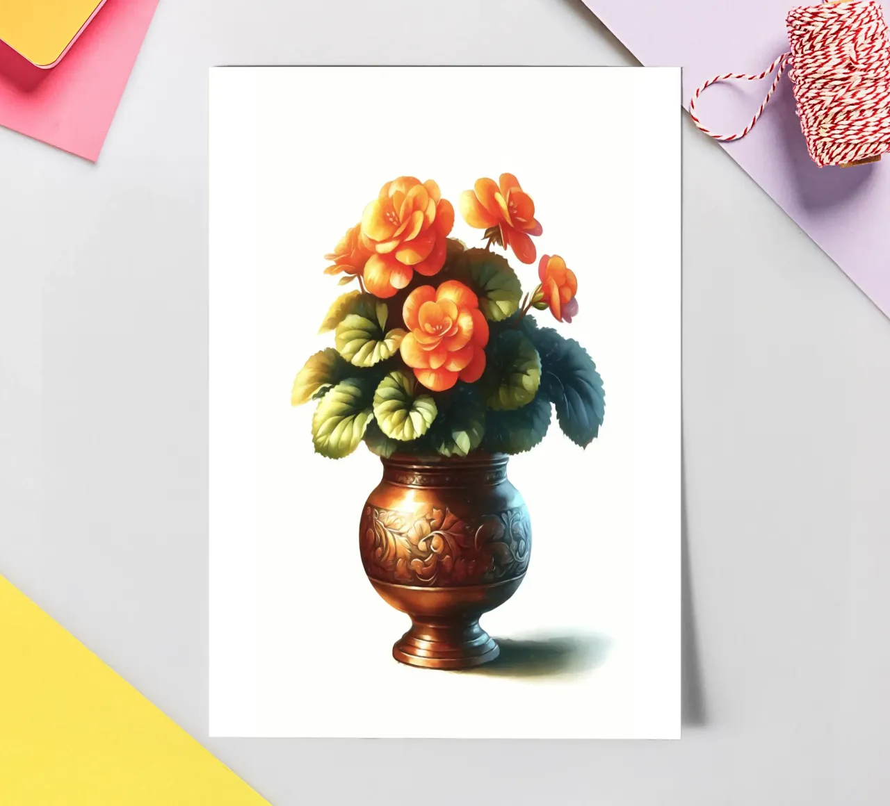 Una singola begonia arancione in un vaso di metallo color rame foglio adesivo da Bloom And Brush