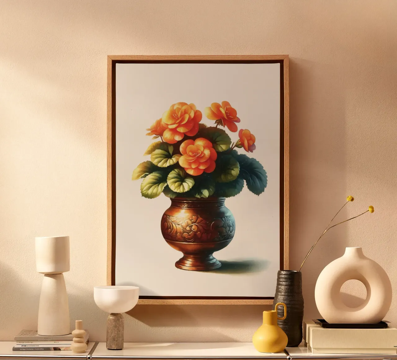 Una singola begonia arancione in un vaso di metallo color rame tela da Bloom And Brush