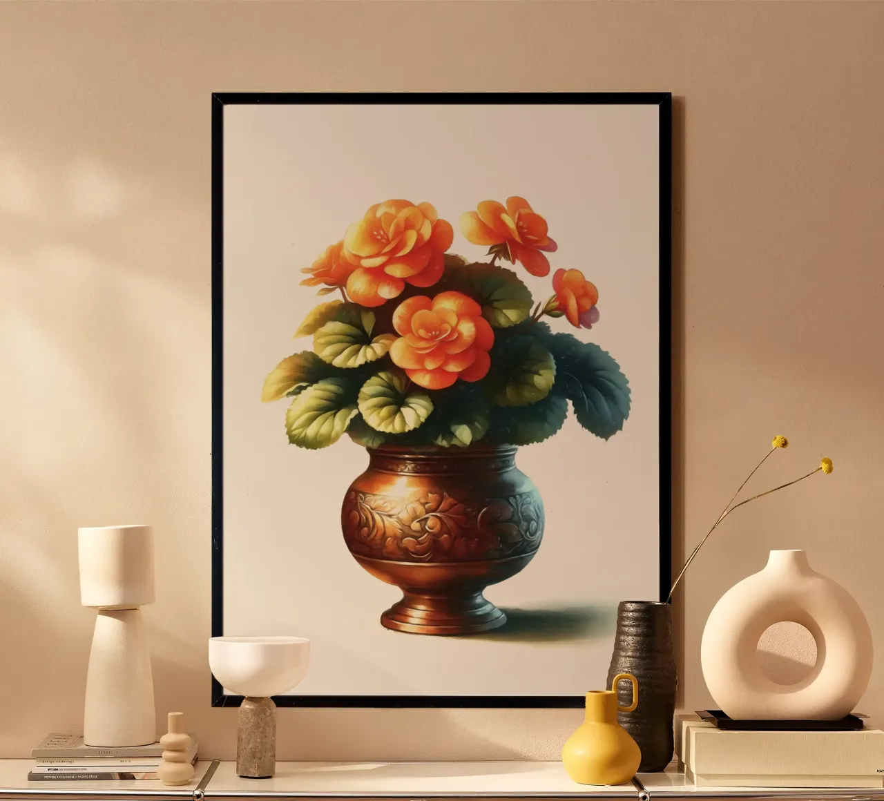 Una singola begonia arancione in un vaso di metallo color rame poster da Bloom And Brush