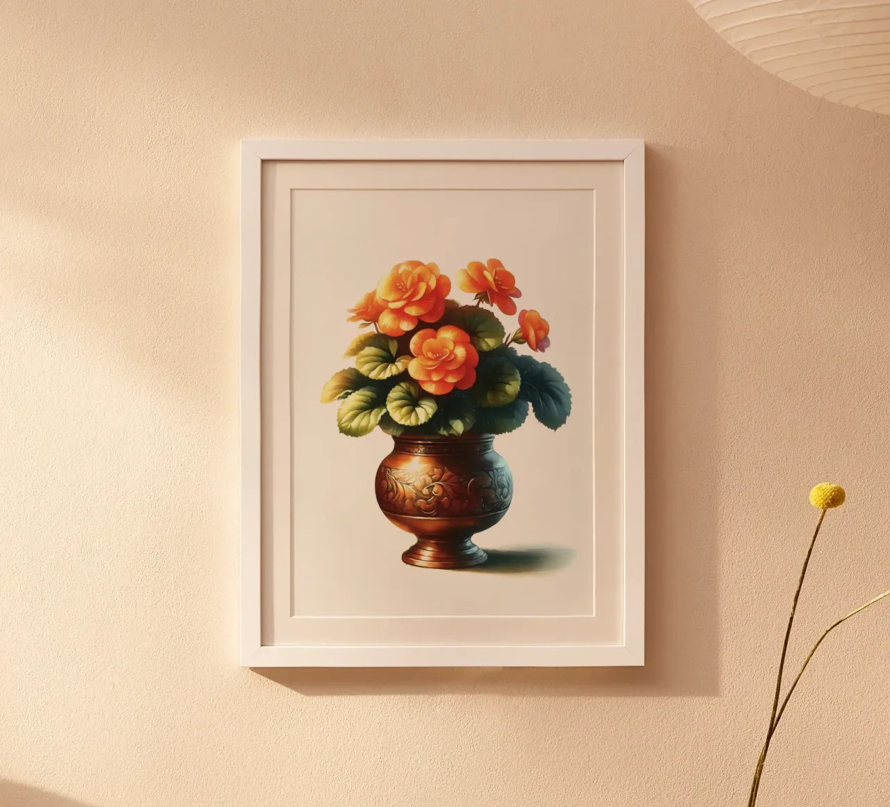 Una singola begonia arancione in un vaso di metallo color rame poster da Bloom And Brush