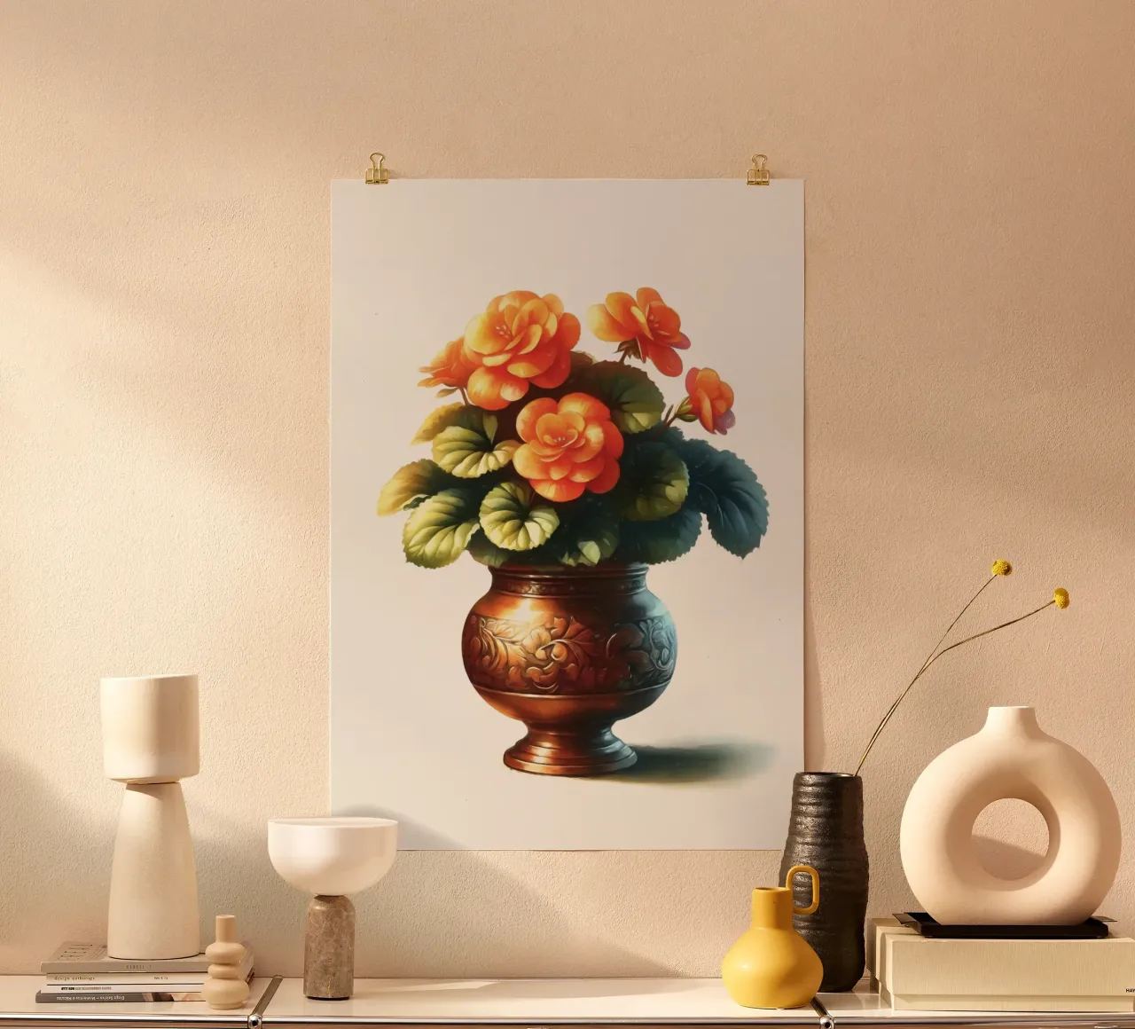 Una singola begonia arancione in un vaso di metallo color rame poster da Bloom And Brush