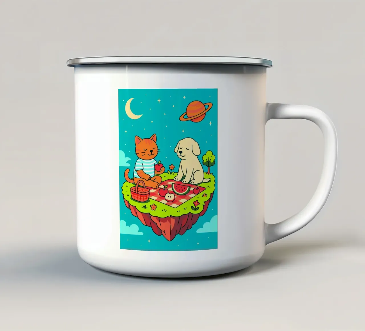 Picnic tra cani e gatti nello spazio tazza in smalto da Barbara Wright