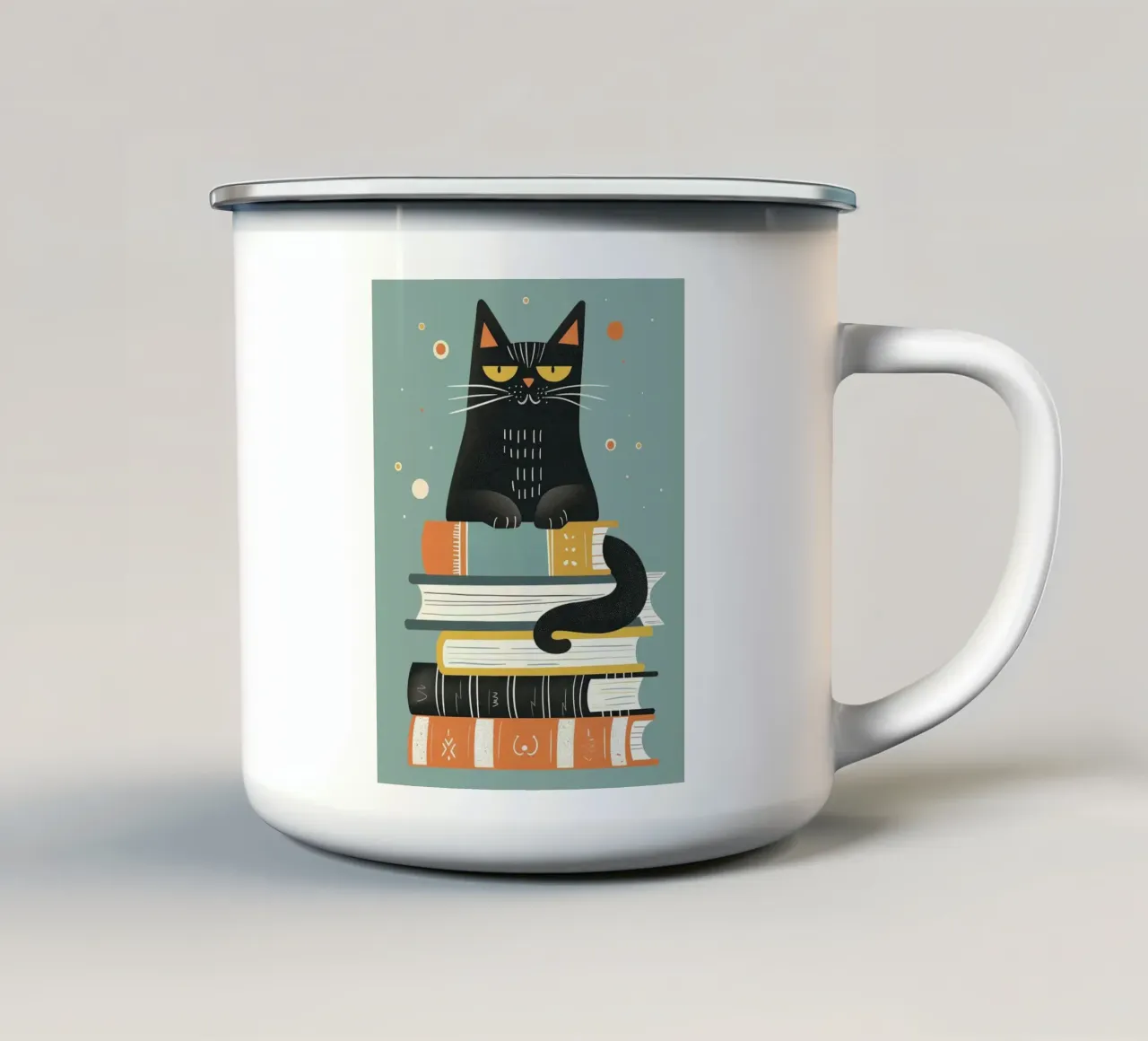 Gatto con libri tazza in smalto da Barbara Wright