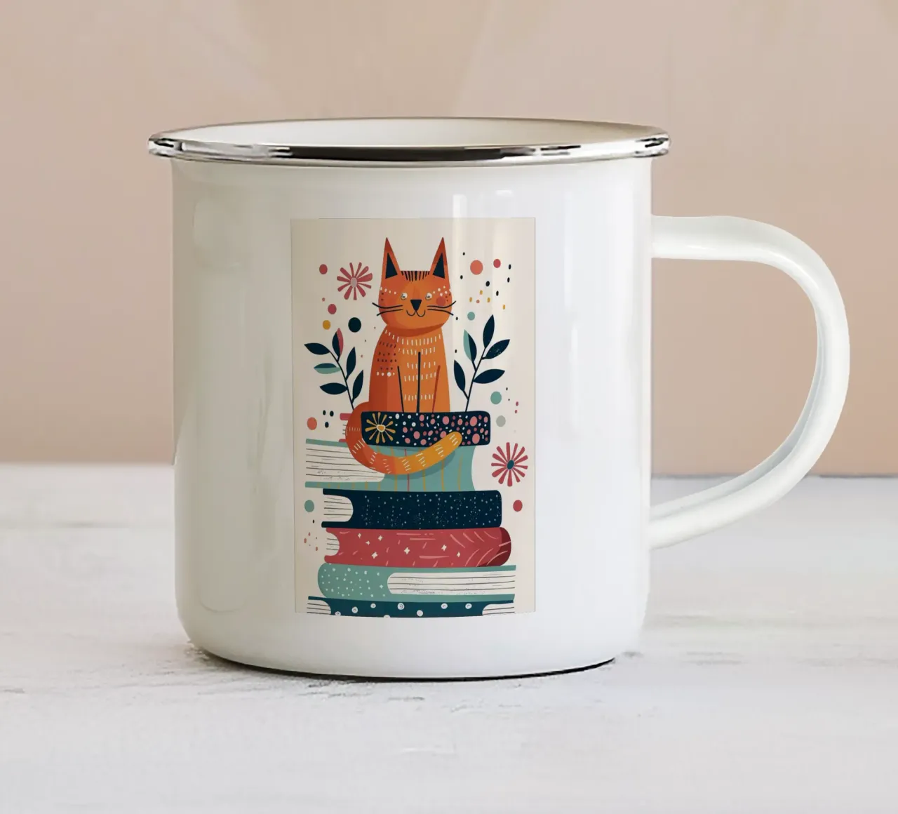 Gatto con libri tazza in smalto da Barbara Wright