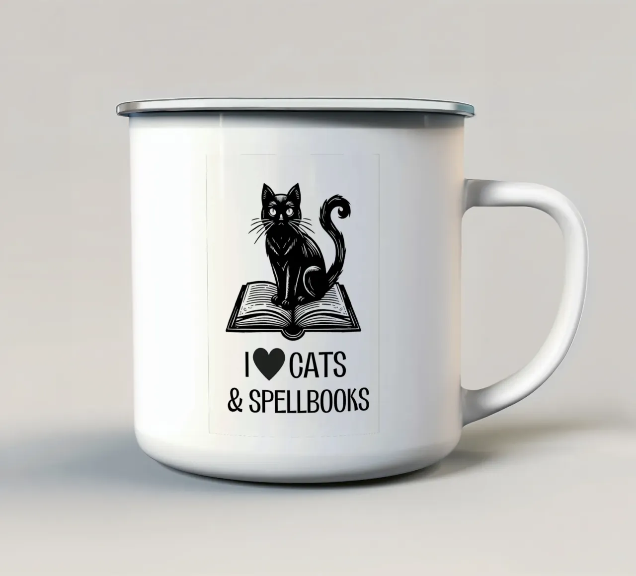 Gatti e libri di incantesimi tazza in smalto da Barbara Wright