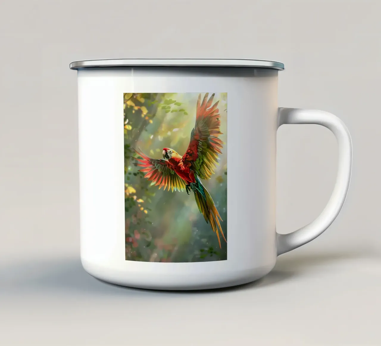 Pappagallo colorato in volo tazza in smalto da Barbara Wright