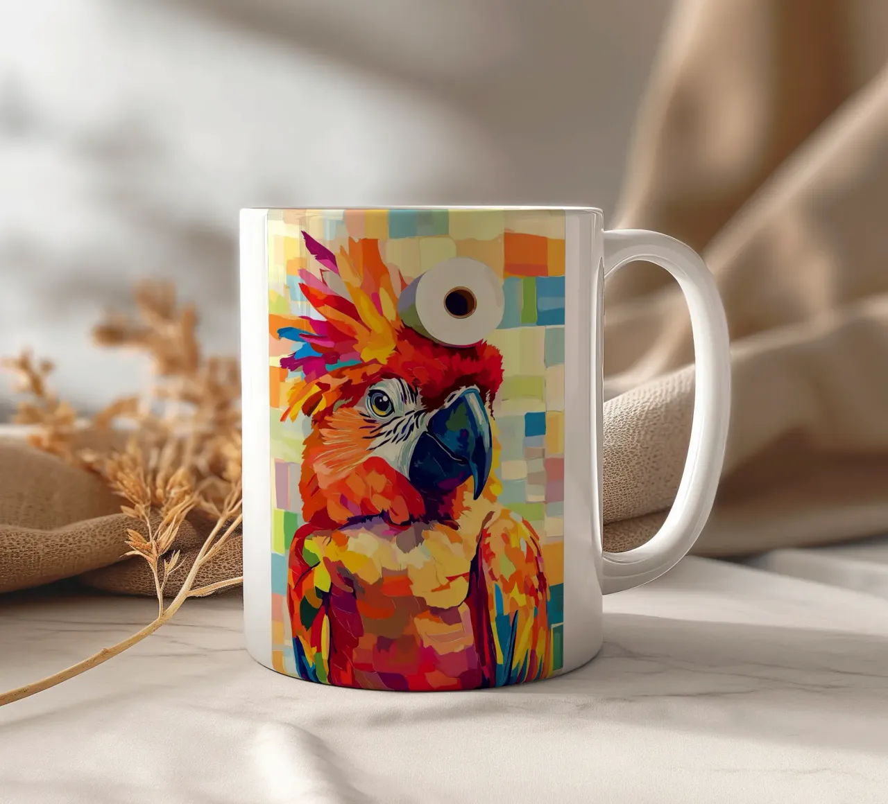 Pappagallo colorato con cappello di carta igienica tazza in ceramica da Barbara Wright