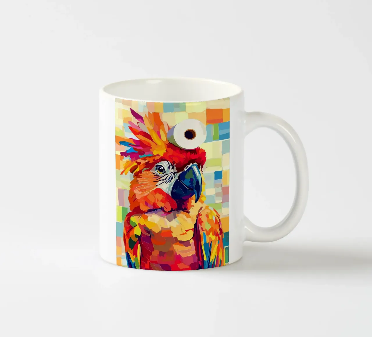 Pappagallo colorato con cappello di carta igienica tazza in ceramica da Barbara Wright