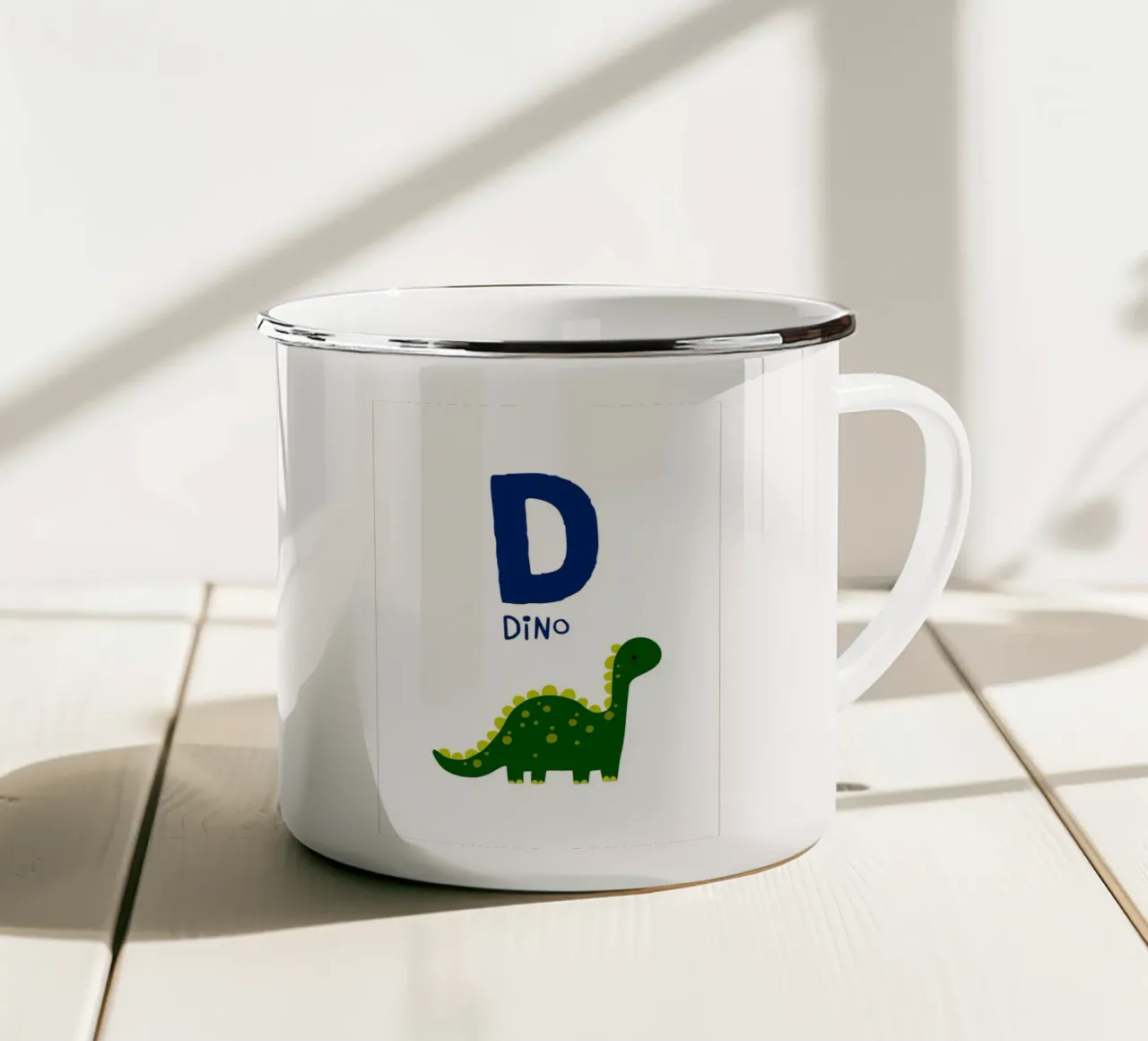 D come illustrazione di Dino tazza in smalto da Barbara Wright