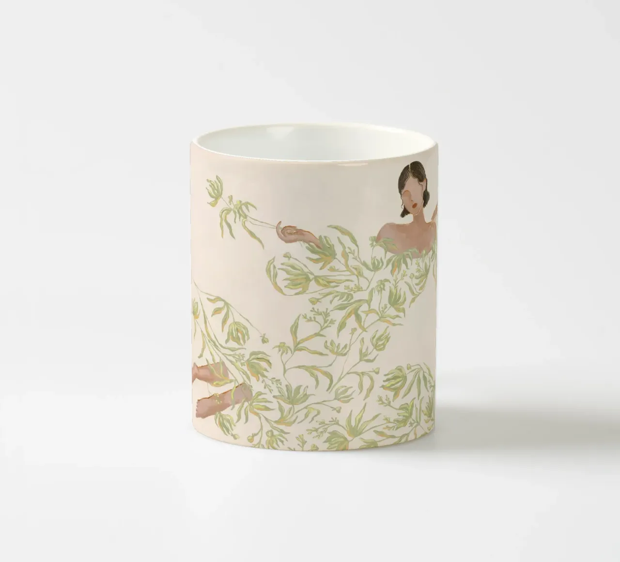 Signora in abito floreale verde tazza in ceramica da Morgan shop