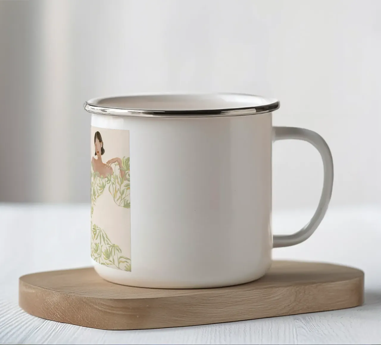 Signora in abito floreale verde tazza in smalto da Morgan shop