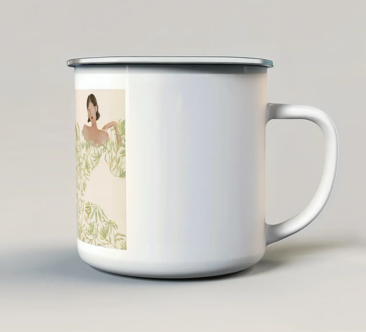 Signora in abito floreale verde tazza in smalto da Morgan shop