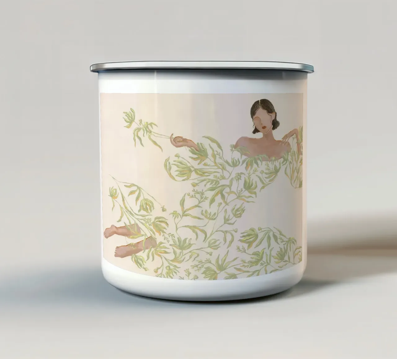 Signora in abito floreale verde tazza in smalto da Morgan shop