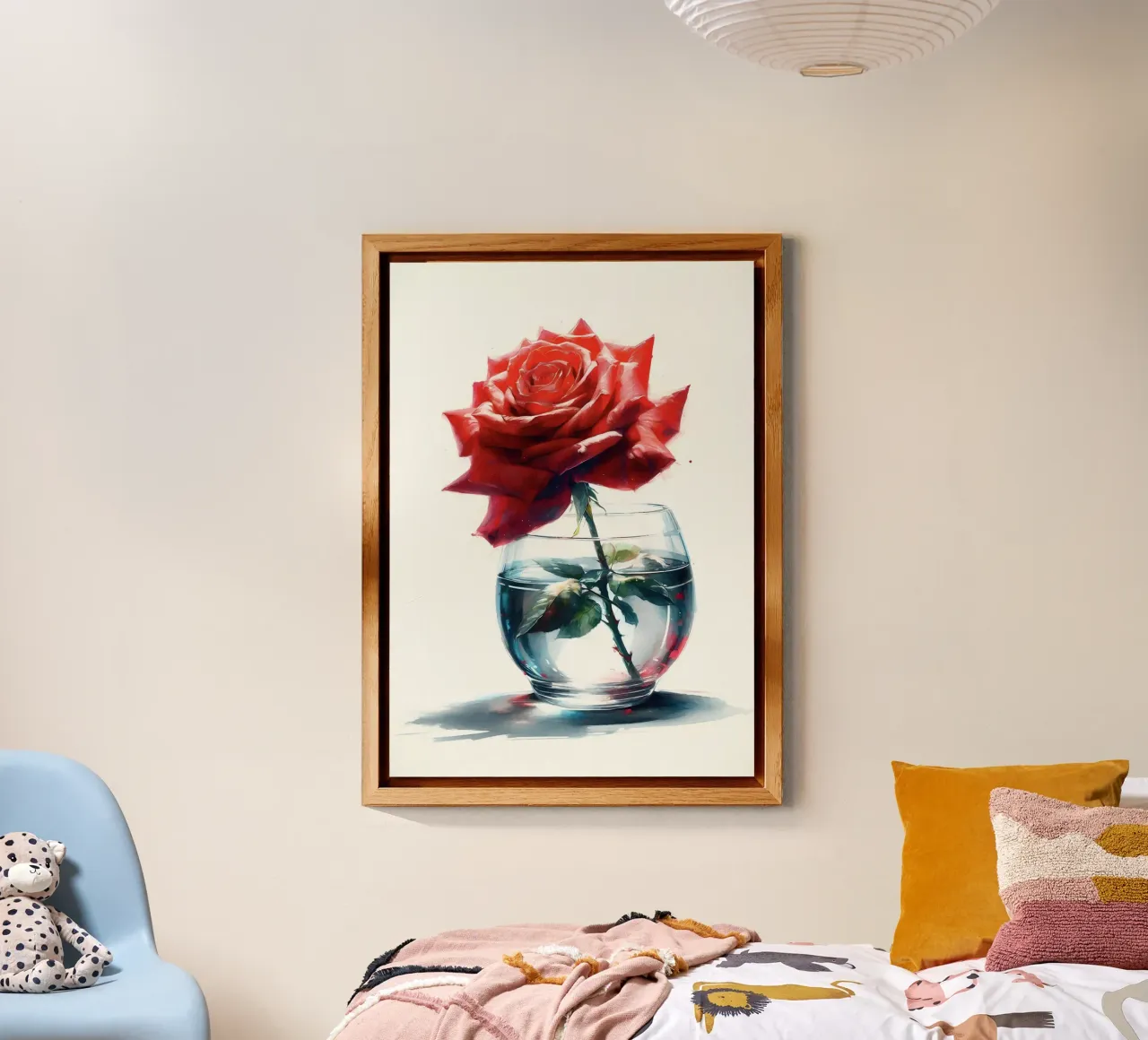 Una singola rosa rossa in un vaso di vetro trasparente con acqua alluminio dibond da Bloom And Brush