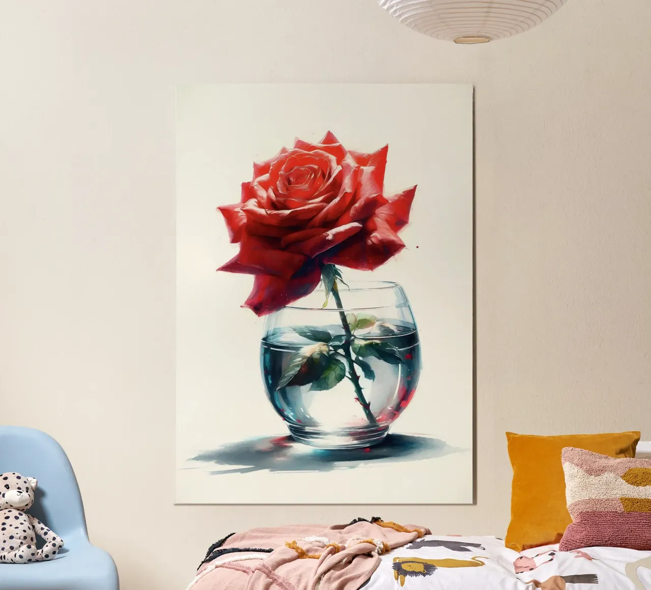 Una singola rosa rossa in un vaso di vetro trasparente con acqua alluminio dibond da Bloom And Brush