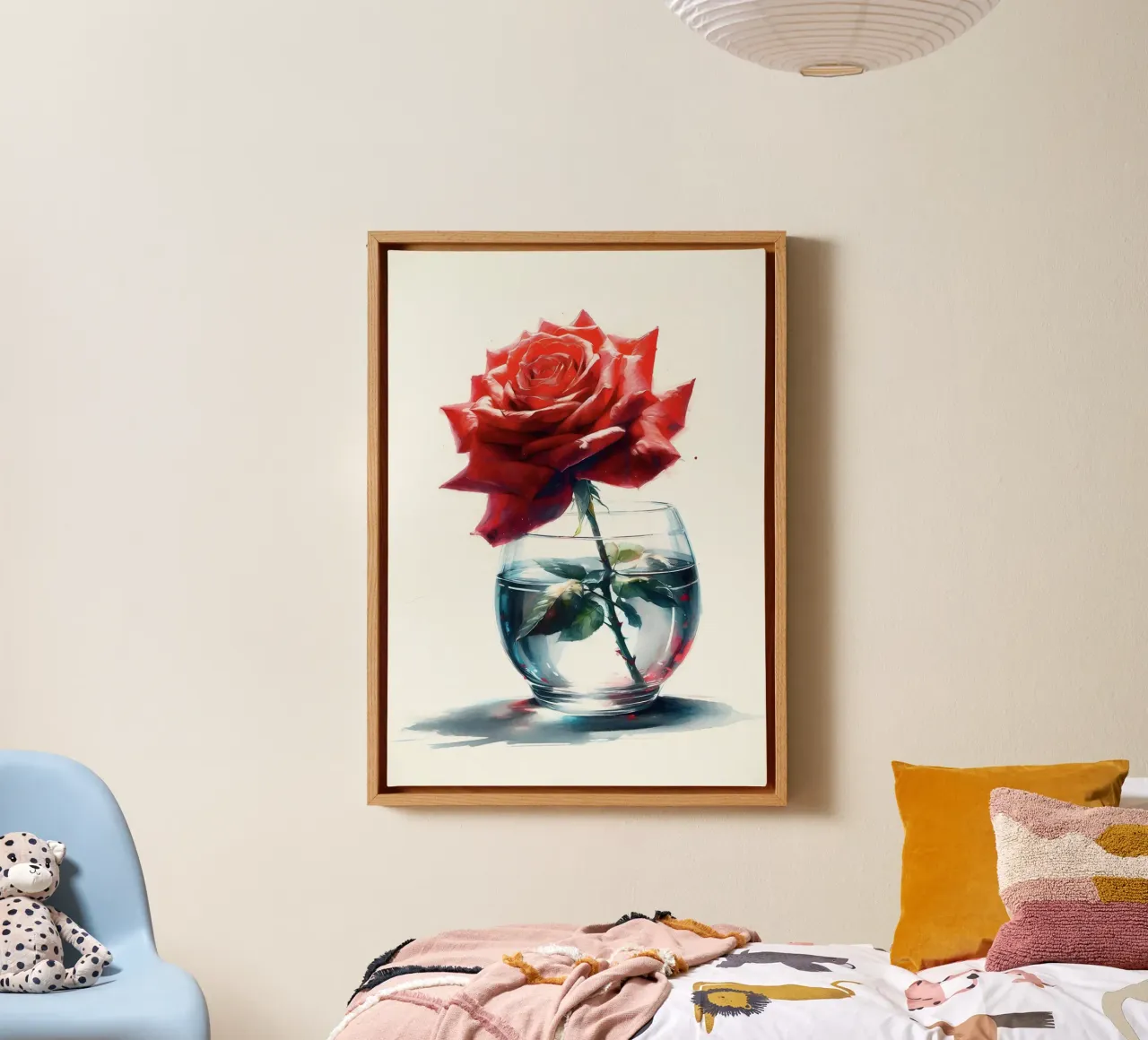Una singola rosa rossa in un vaso di vetro trasparente con acqua tela da Bloom And Brush