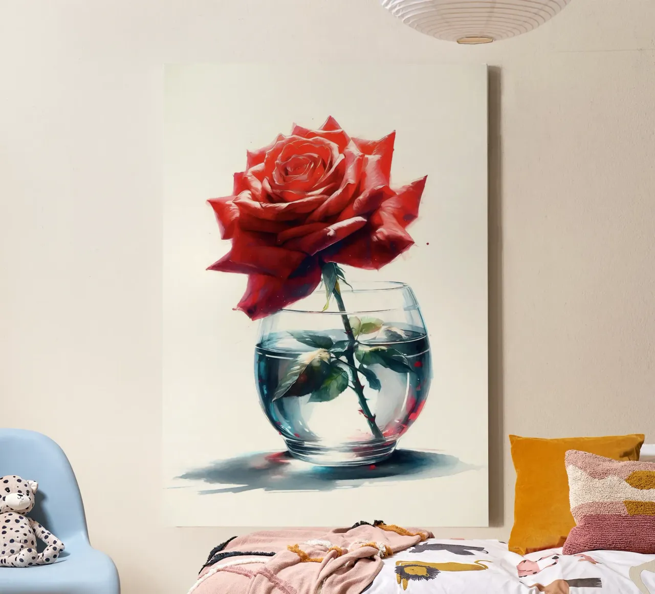 Una singola rosa rossa in un vaso di vetro trasparente con acqua tela da Bloom And Brush