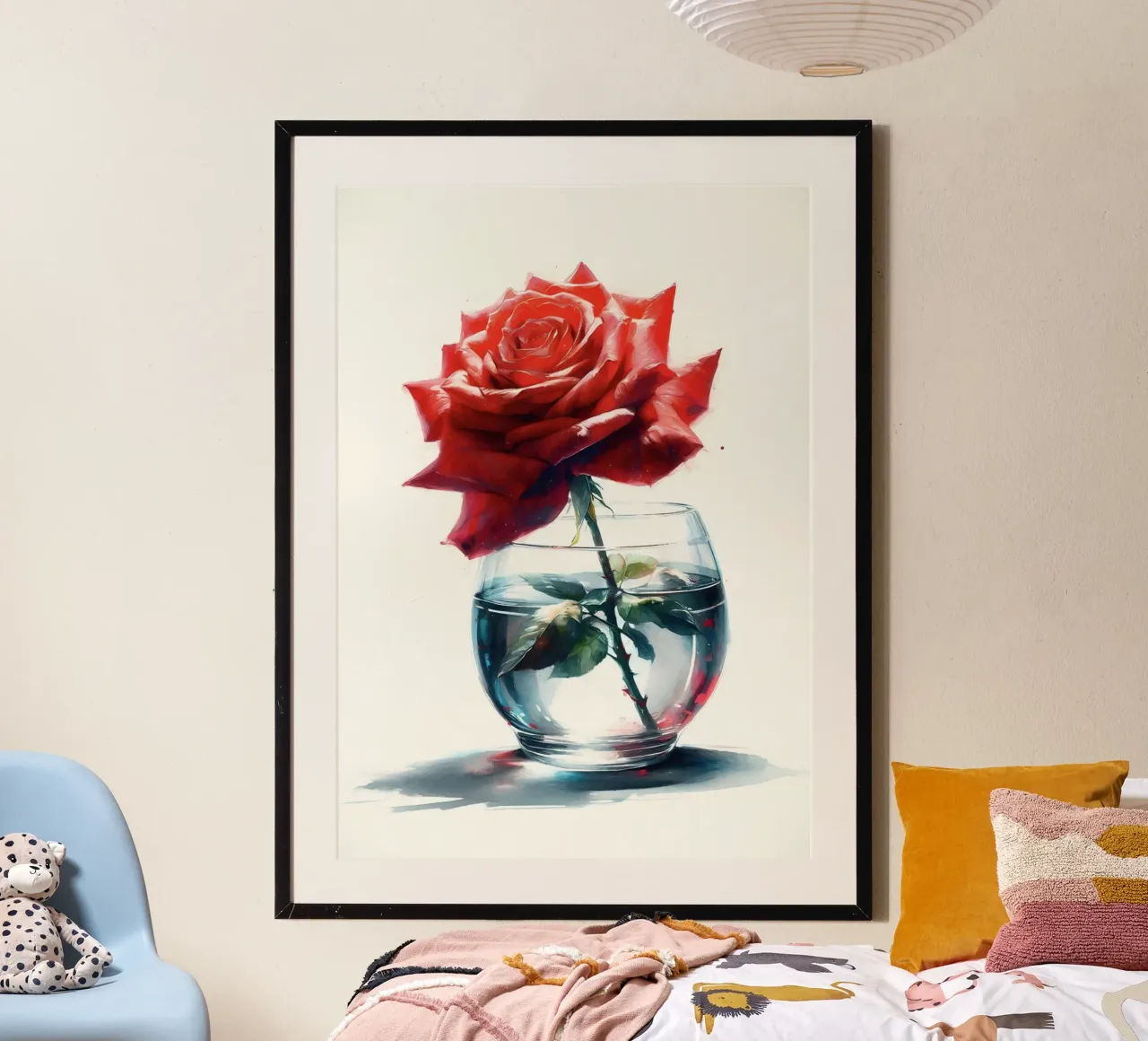 Una singola rosa rossa in un vaso di vetro trasparente con acqua poster da Bloom And Brush