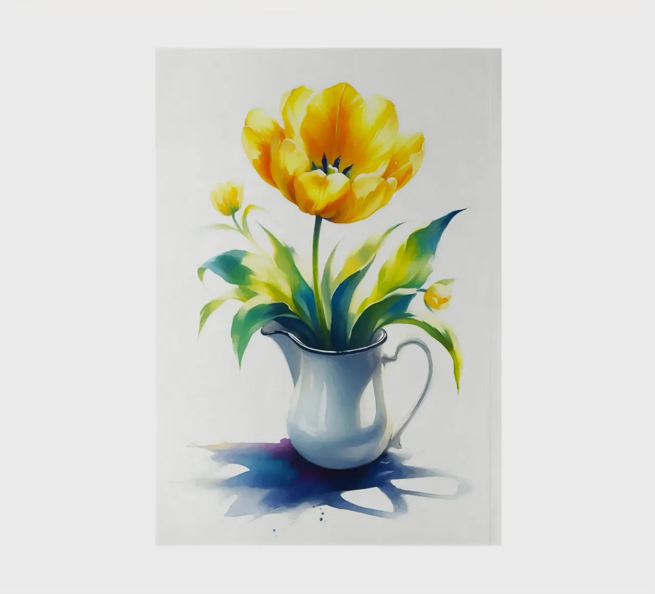 Un singolo tulipano giallo in una brocca di smalto bianco diario da Bloom And Brush