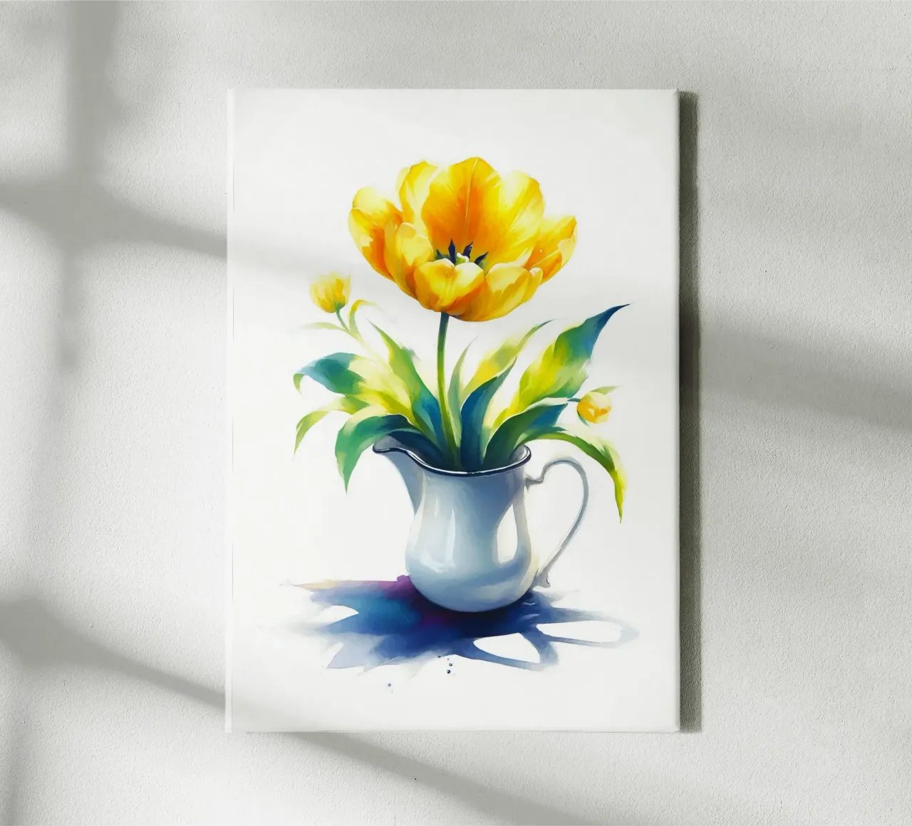 Un singolo tulipano giallo in una brocca di smalto bianco tela da Bloom And Brush