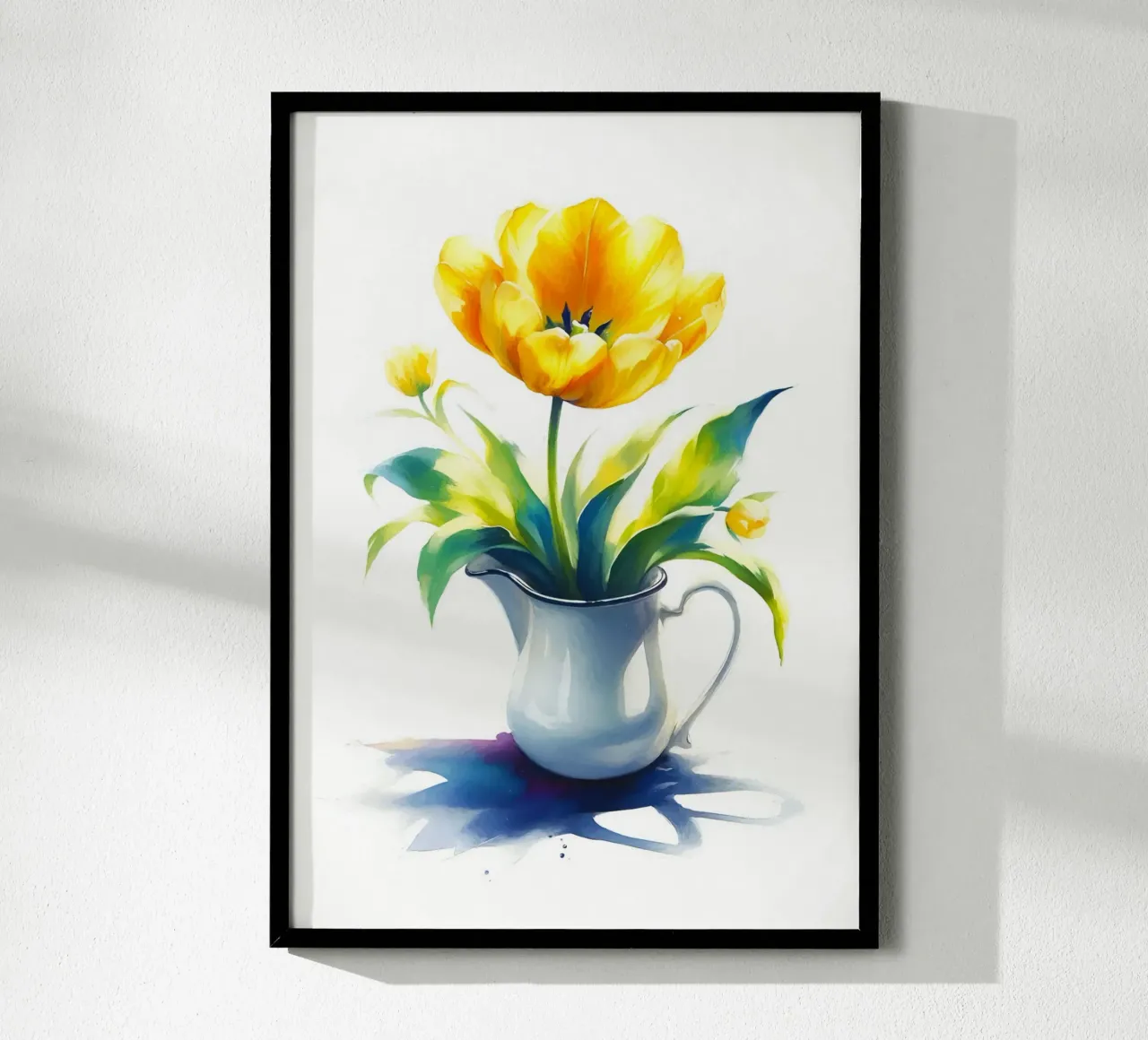 Un singolo tulipano giallo in una brocca di smalto bianco poster da Bloom And Brush