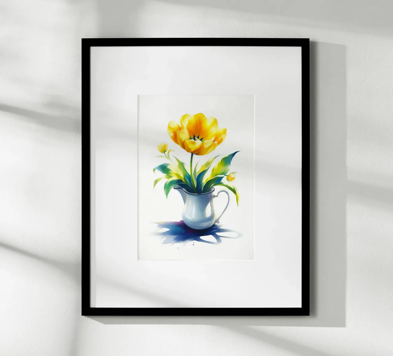 Un singolo tulipano giallo in una brocca di smalto bianco poster da Bloom And Brush