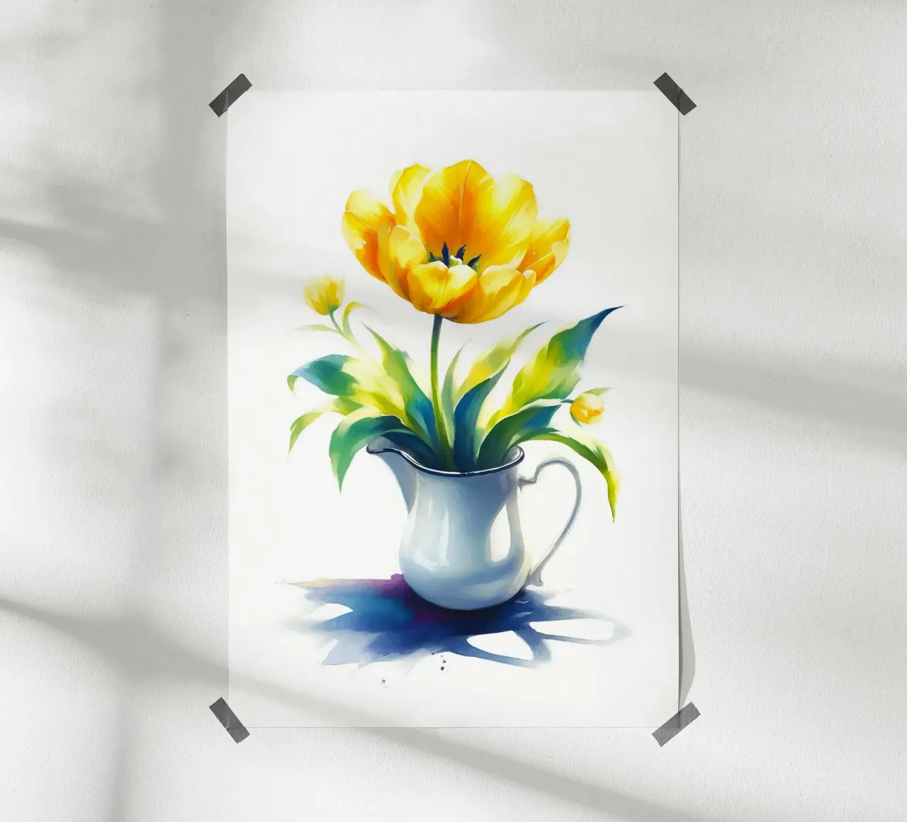 Un singolo tulipano giallo in una brocca di smalto bianco poster da Bloom And Brush